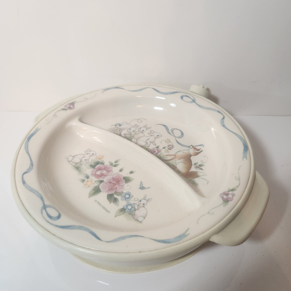 Vintage Pfaltzgraff Baby Warming Dish Divided Plate Bunnies Fox Elandia Melamine